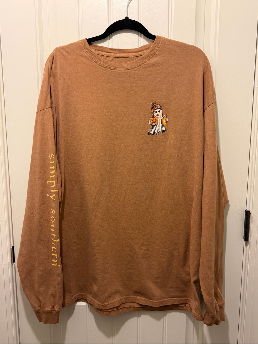 Simply Southern Long-Sleeve Tee in Rust with Ghost Pumpkin Graphic